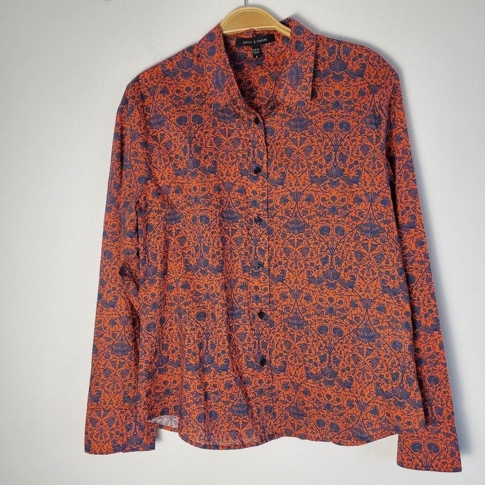 Judith & Charles Cotton Orange and Blue Long Sleeve Button Down Shirt - Picture 3 of 12